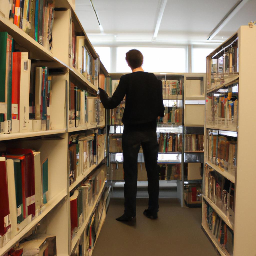 Person researching in a library